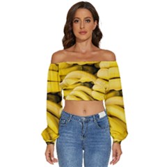 Bananas, Macro, Fruits, Ripe Bananas Long Sleeve Crinkled Weave Crop Top