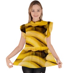 Bananas, Macro, Fruits, Ripe Bananas Ruffle Collar Short Sleeve Chiffon Top