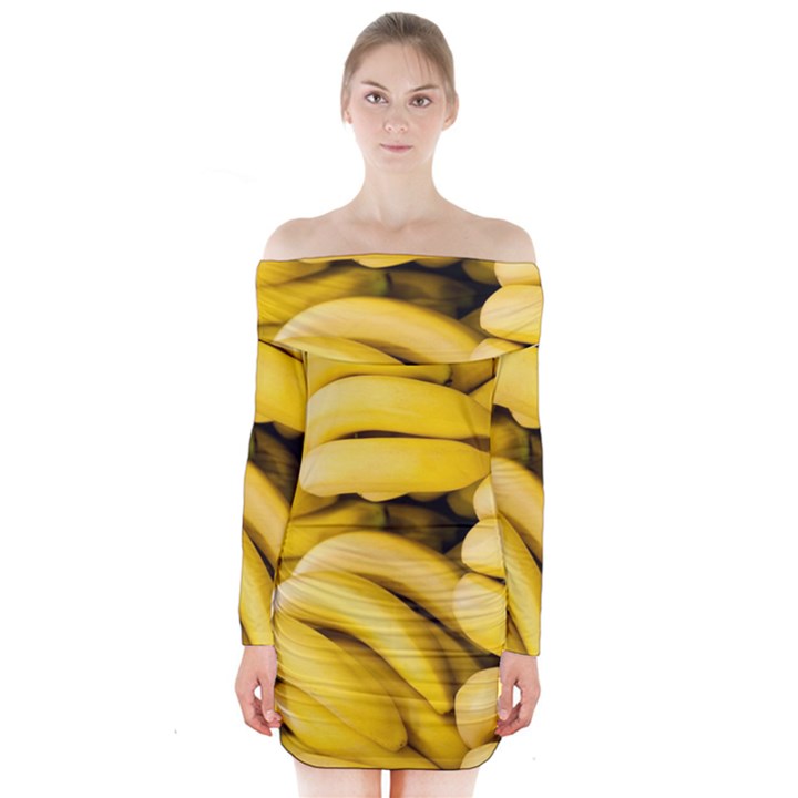 Bananas, Macro, Fruits, Ripe Bananas Long Sleeve Off Shoulder Dress