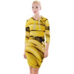 Bananas, Macro, Fruits, Ripe Bananas Quarter Sleeve Hood Bodycon Dress by kyorashop23