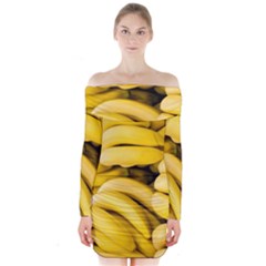 Bananas, Macro, Fruits, Ripe Bananas Long Sleeve Off Shoulder Dress by kyorashop23