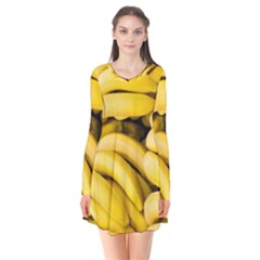 Bananas, Macro, Fruits, Ripe Bananas Long Sleeve V-neck Flare Dress by kyorashop23