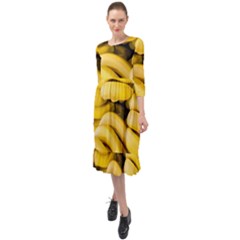 Bananas, Macro, Fruits, Ripe Bananas Ruffle End Midi Chiffon Dress