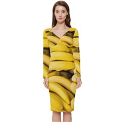 Bananas, Macro, Fruits, Ripe Bananas Long Sleeve V-neck Bodycon Dress  by kyorashop23