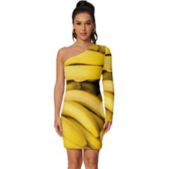 Bananas, Macro, Fruits, Ripe Bananas Long Sleeve One Shoulder Mini Dress by kyorashop23