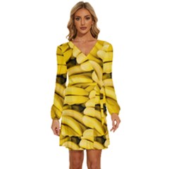 Bananas, Macro, Fruits, Ripe Bananas Long Sleeve Waist Tie Ruffle Velvet Dress by kyorashop23