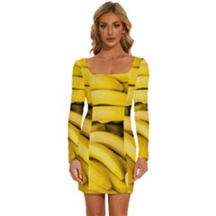 Bananas, Macro, Fruits, Ripe Bananas Long Sleeve Square Neck Bodycon Velvet Dress by kyorashop23