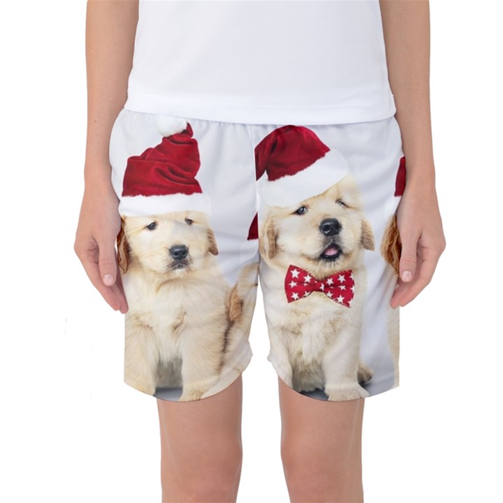 Christmas Puppies, Santa, Craciun, Christmas, Funny, Hat, Puppy, Red Women s Basketball Shorts