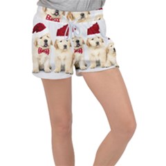 Christmas Puppies, Santa, Craciun, Christmas, Funny, Hat, Puppy, Red Women s Velour Lounge Shorts by kyorashop23