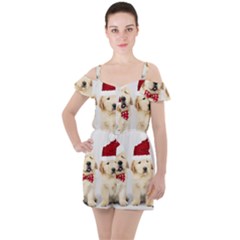 Christmas Puppies, Santa, Craciun, Christmas, Funny, Hat, Puppy, Red Ruffle Cut Out Chiffon Playsuit by kyorashop23