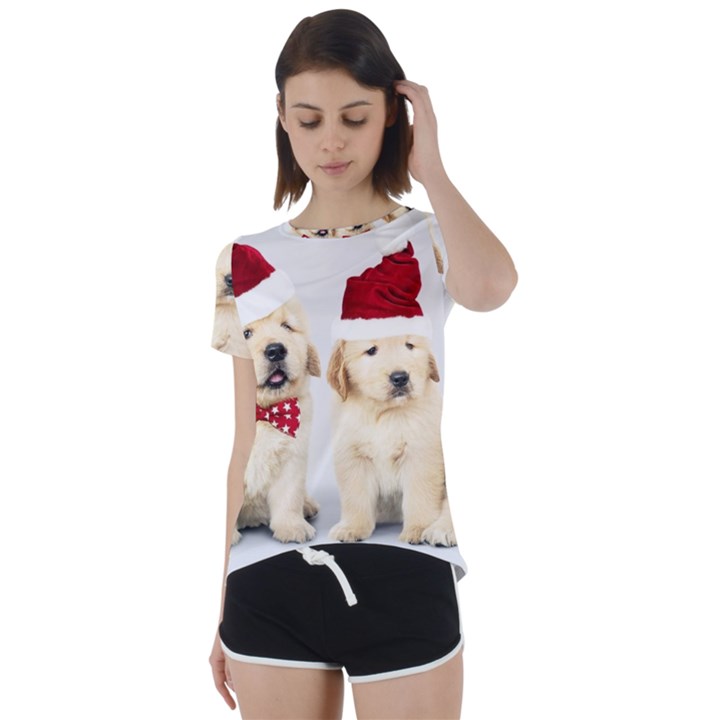 Christmas Puppies, Santa, Craciun, Christmas, Funny, Hat, Puppy, Red Short Sleeve Open Back T-Shirt