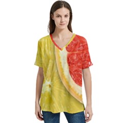 Fruit, Lemon V-neck Split Shoulder Casual T-shirt by kyorashop23