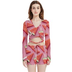 Fruits, Watermelon, Fruit Velvet Wrap Crop Top And Shorts Set