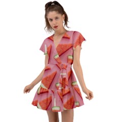 Fruits, Watermelon, Fruit Flutter Sleeve Wrap Dress