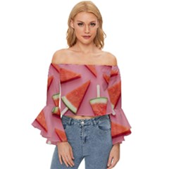 Fruits, Watermelon, Fruit Off Shoulder Flutter Bell Sleeve Top