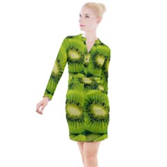 Kiwi Fruits, Close-up, Exotic Fruit Button Long Sleeve Dress