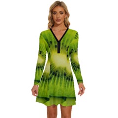 Kiwi Fruits, Close-up, Exotic Fruit Long Sleeve Deep V Mini Dress 