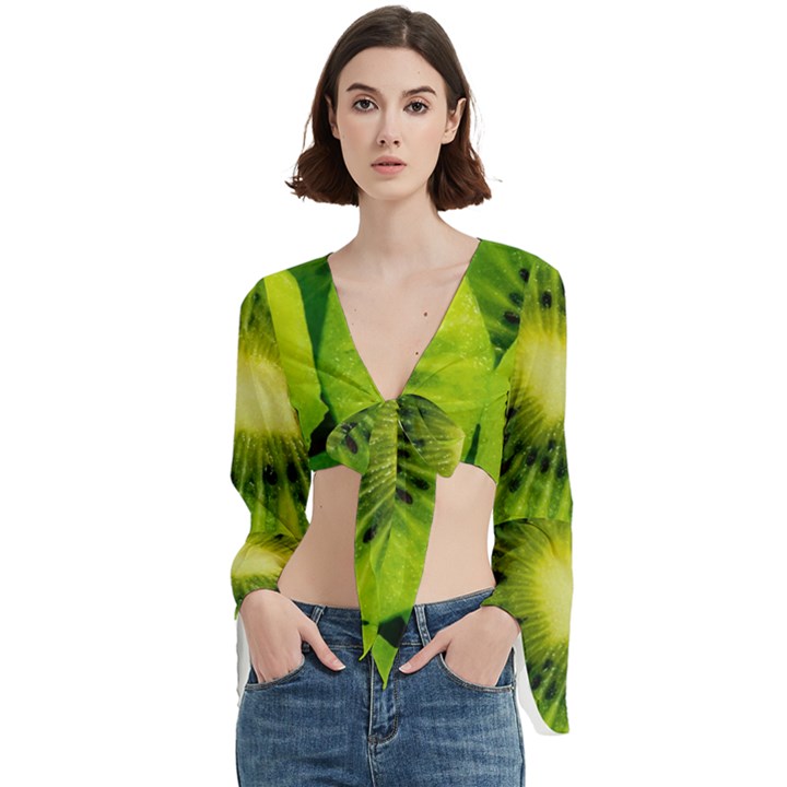 Kiwi Fruits, Close-up, Exotic Fruit Trumpet Sleeve Cropped Top