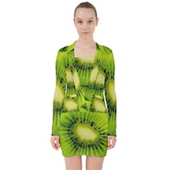 Kiwi Fruits, Close-up, Exotic Fruit V-neck Bodycon Long Sleeve Dress by kyorashop23