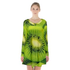 Kiwi Fruits, Close-up, Exotic Fruit Long Sleeve Velvet V-neck Dress by kyorashop23