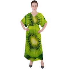 Kiwi Fruits, Close-up, Exotic Fruit V-neck Boho Style Maxi Dress