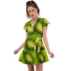 Kiwi Fruits, Close-up, Exotic Fruit Flutter Sleeve Wrap Dress by kyorashop23