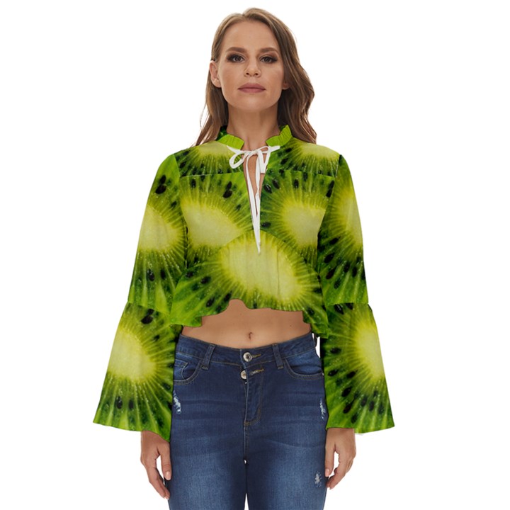 Kiwi Fruits, Close-up, Exotic Fruit Boho Long Bell Sleeve Top