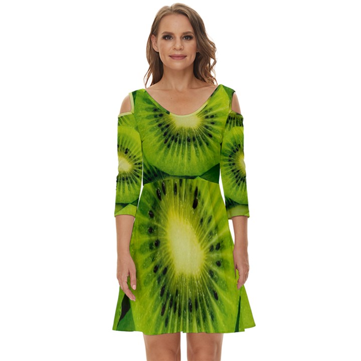 Kiwi Fruits, Close-up, Exotic Fruit Shoulder Cut Out Zip Up Dress