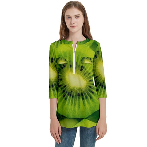 Kiwi Fruits, Close-up, Exotic Fruit Women s Zip Front V-neck 3/4 Sleeve Casual Top Pocket Shirt by kyorashop23