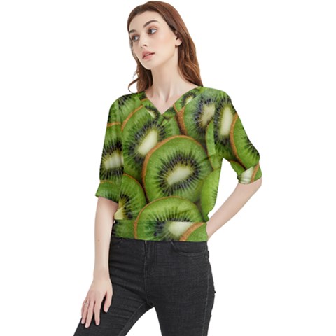 Kiwi Texture, Background With Kiwi, Fruits, Kiwi Quarter Sleeve Blouse by kyorashop23