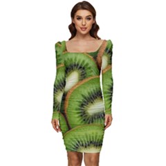 Kiwi Texture, Background With Kiwi, Fruits, Kiwi Women Long Sleeve Ruched Stretch Jersey Dress by kyorashop23