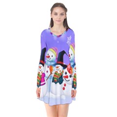 Let s Have Fun With Snowmen Long Sleeve V-neck Flare Dress