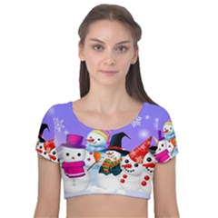 Let s Have Fun With Snowmen Velvet Short Sleeve Crop Top 