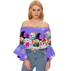 Let s Have Fun With Snowmen Off Shoulder Flutter Bell Sleeve Top