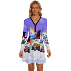 Let s Have Fun With Snowmen Long Sleeve Deep V Mini Dress  by kyorashop23