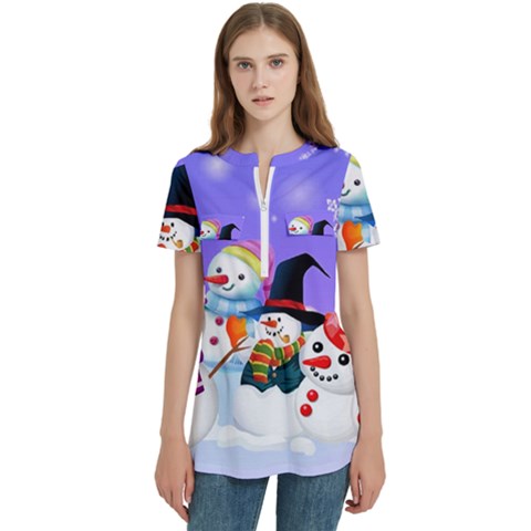 Let s Have Fun With Snowmen Women s Zip Front V-neck Short Sleeve Casual Top Pocket Shirt by kyorashop23