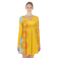 Orange, Slices, Fruit, Citrus Long Sleeve Velvet V-neck Dress by kyorashop23