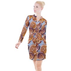 Orange, Slices, Fruits, Citrus Button Long Sleeve Dress