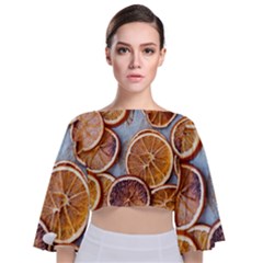 Orange, Slices, Fruits, Citrus Tie Back Butterfly Sleeve Chiffon Top