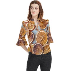 Orange, Slices, Fruits, Citrus Loose Horn Sleeve Chiffon Blouse