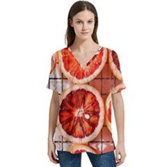 Orange, Fruit, Citrus V-neck Split Shoulder Casual T-shirt