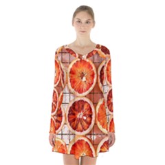 Orange, Fruit, Citrus Long Sleeve Velvet V-neck Dress