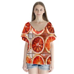 Peorange, Fruit, Citrus V-neck Flutter Sleeve Top