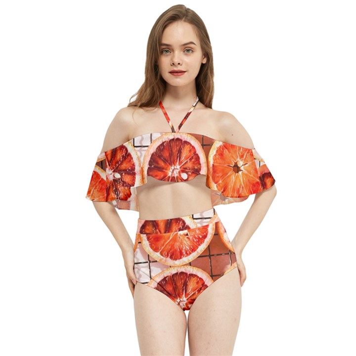 Peorange, Fruit, Citrus Halter Flowy Bikini Set 