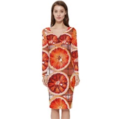 Peorange, Fruit, Citrus Long Sleeve V-neck Bodycon Dress 