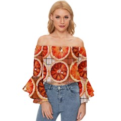 Peorange, Fruit, Citrus Off Shoulder Flutter Bell Sleeve Top