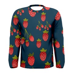 Strawberry Texture, Blue Background With Strawberries Men s Long Sleeve T-shirt