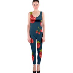 Strawberry Texture, Blue Background With Strawberries One Piece Catsuit