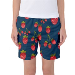 Strawberry Texture, Blue Background With Strawberries Women s Basketball Shorts