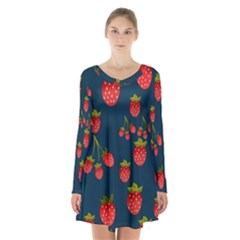 Strawberry Texture, Blue Background With Strawberries Long Sleeve Velvet V-neck Dress